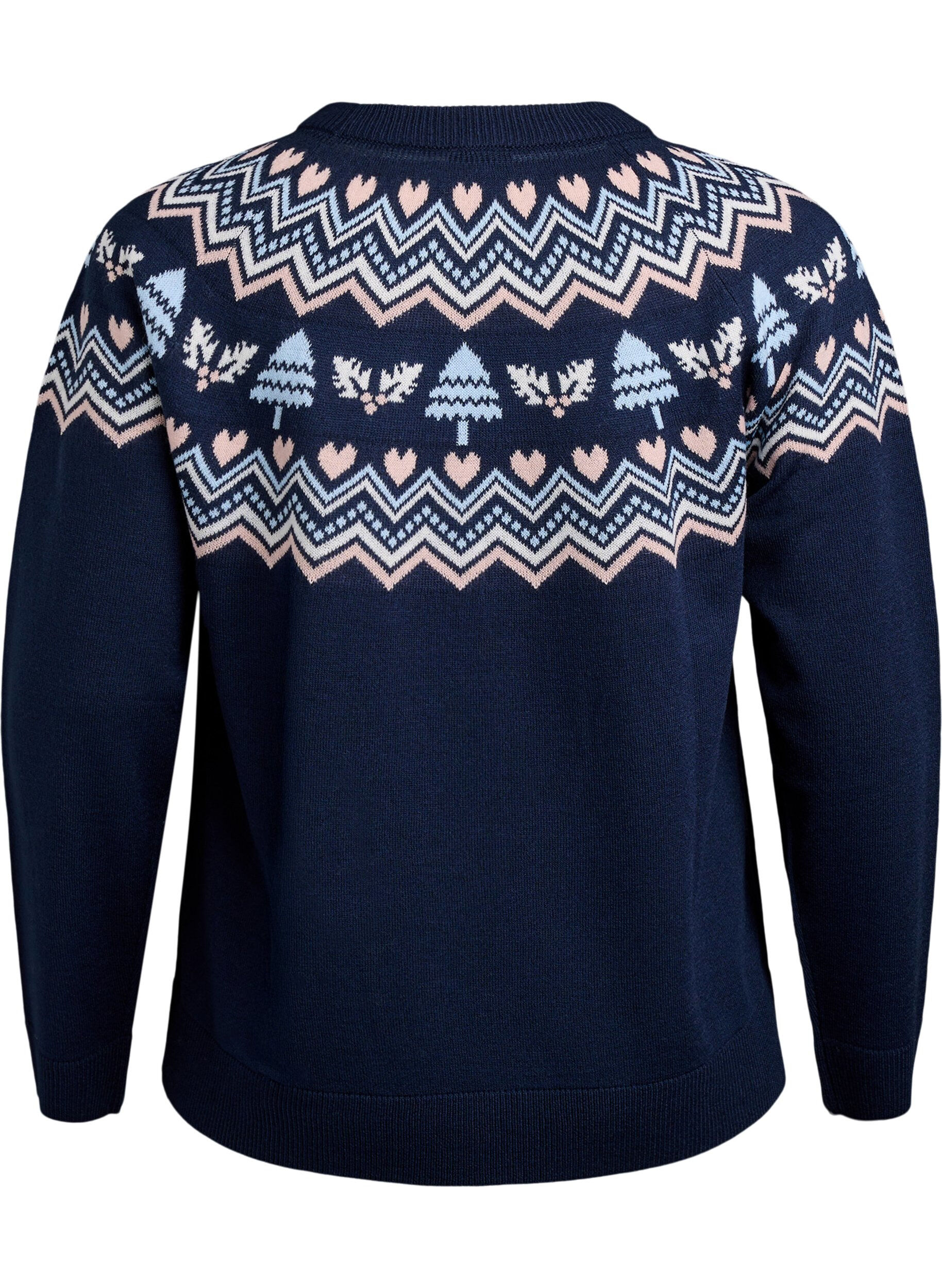 Zizzi Gebreide blouse met jacquardpatroon en kerstmotieven, Blauw, Packshot image number 1