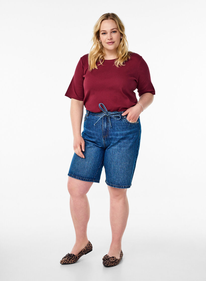 Geribde jersey blouse met korte mouwen, Donker Bordeaux, Model image number 1