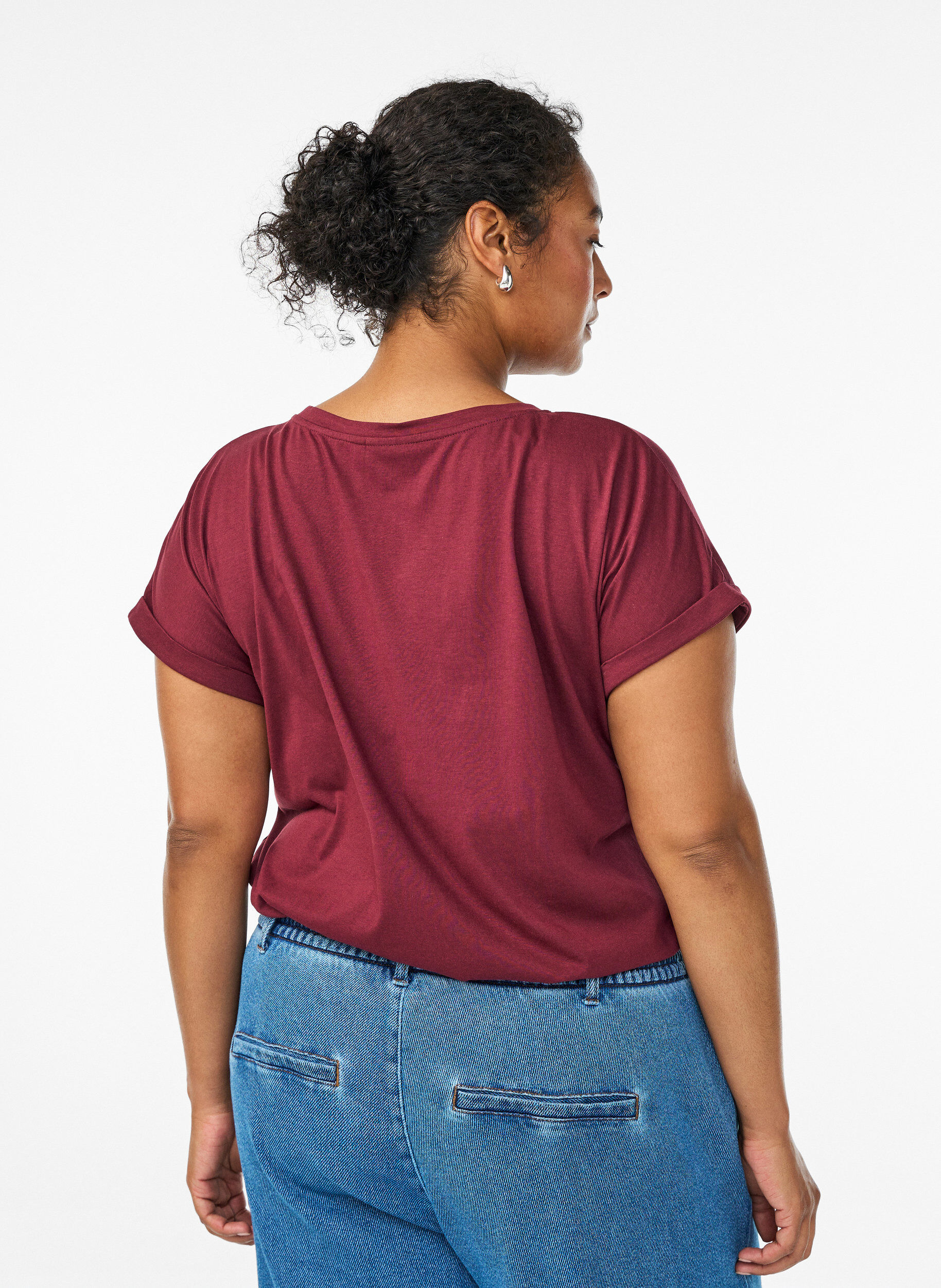 Zizzi T-shirt met korte mouwen van katoenmix, Donker Bordeaux, Model image number 2