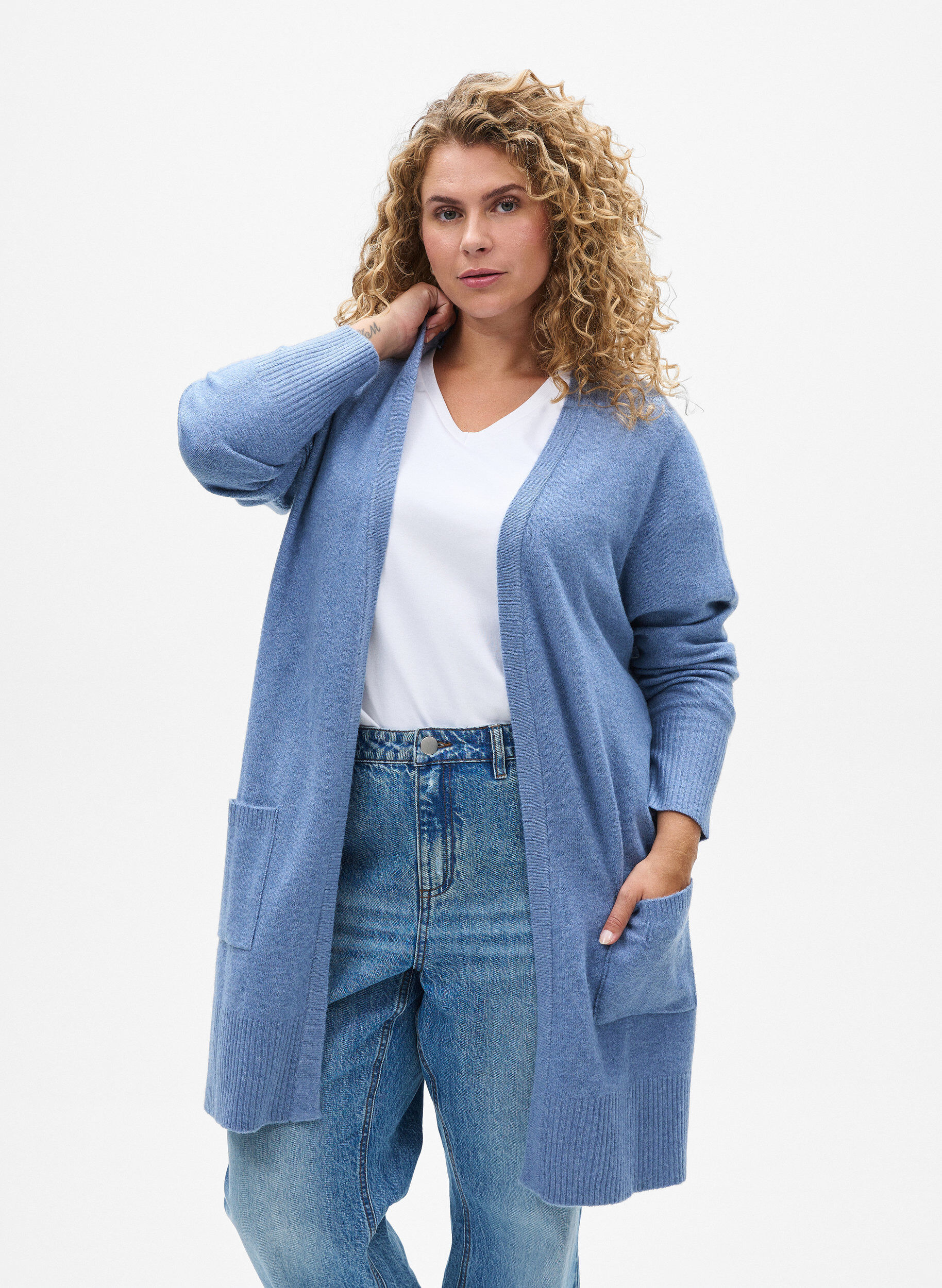 Geribd gebreid vest met zakken, Blauw, Model