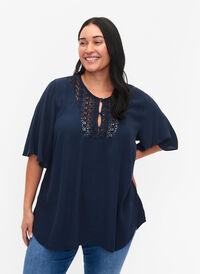 Viscose blouse met 1/2 mouwen en borduurwerk detail, Total Eclipse, Model
