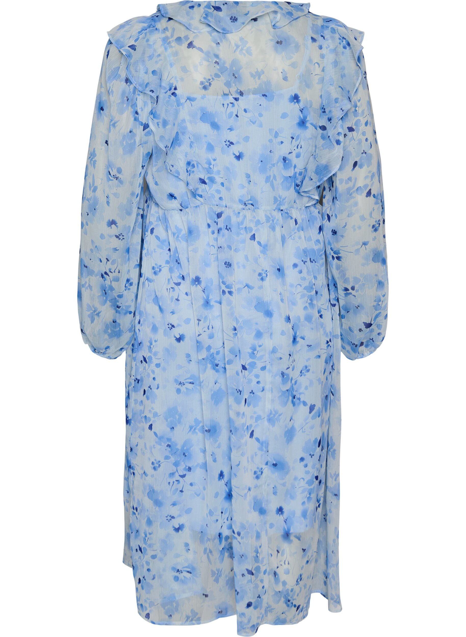 ZizziChiffonjurk met bloemenprint, ruches en lange mouwen, Blauw, Packshot image number 1