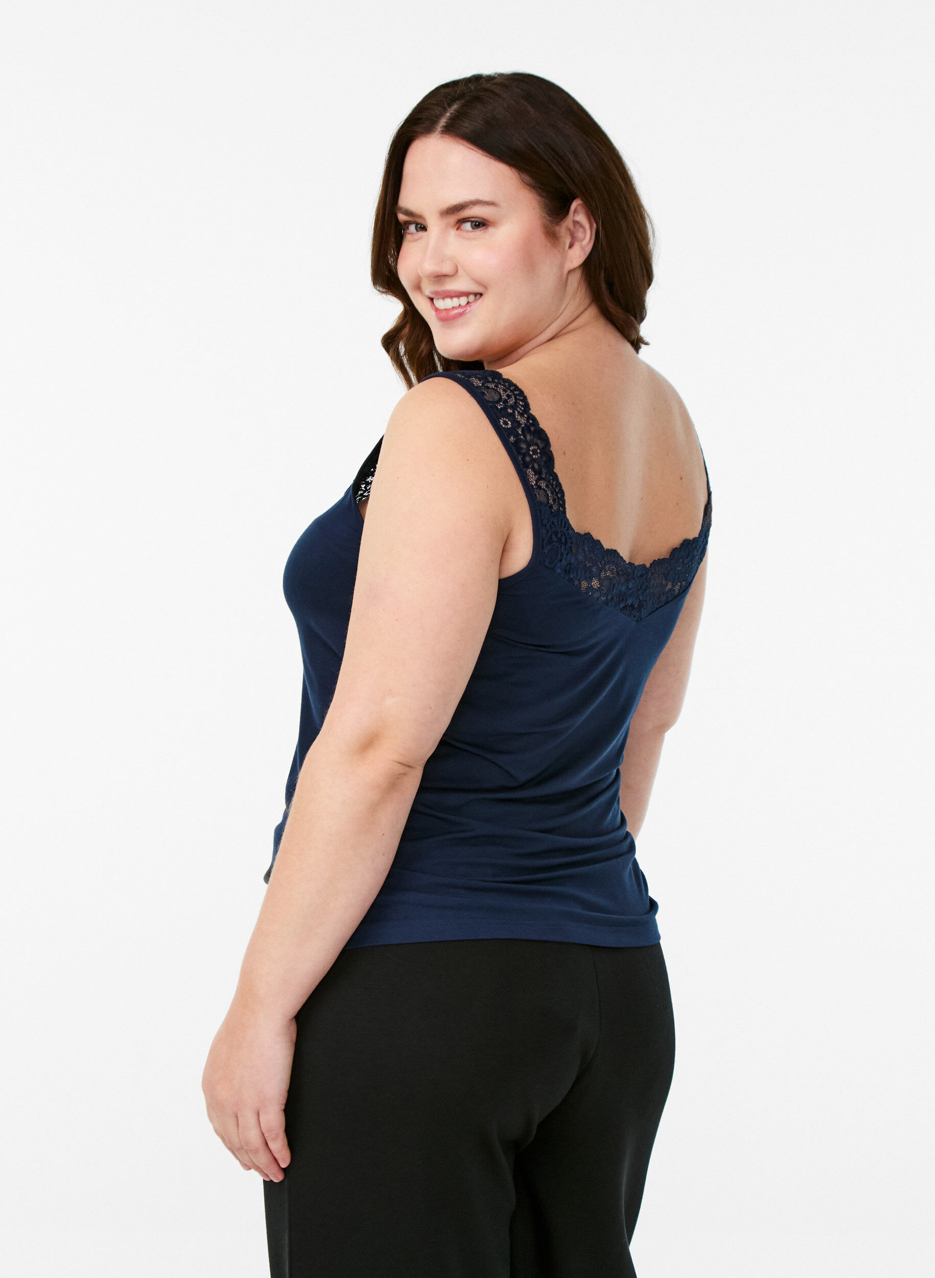 ZizziViscose top met kanten afwerking, Blauw, Model image number 2