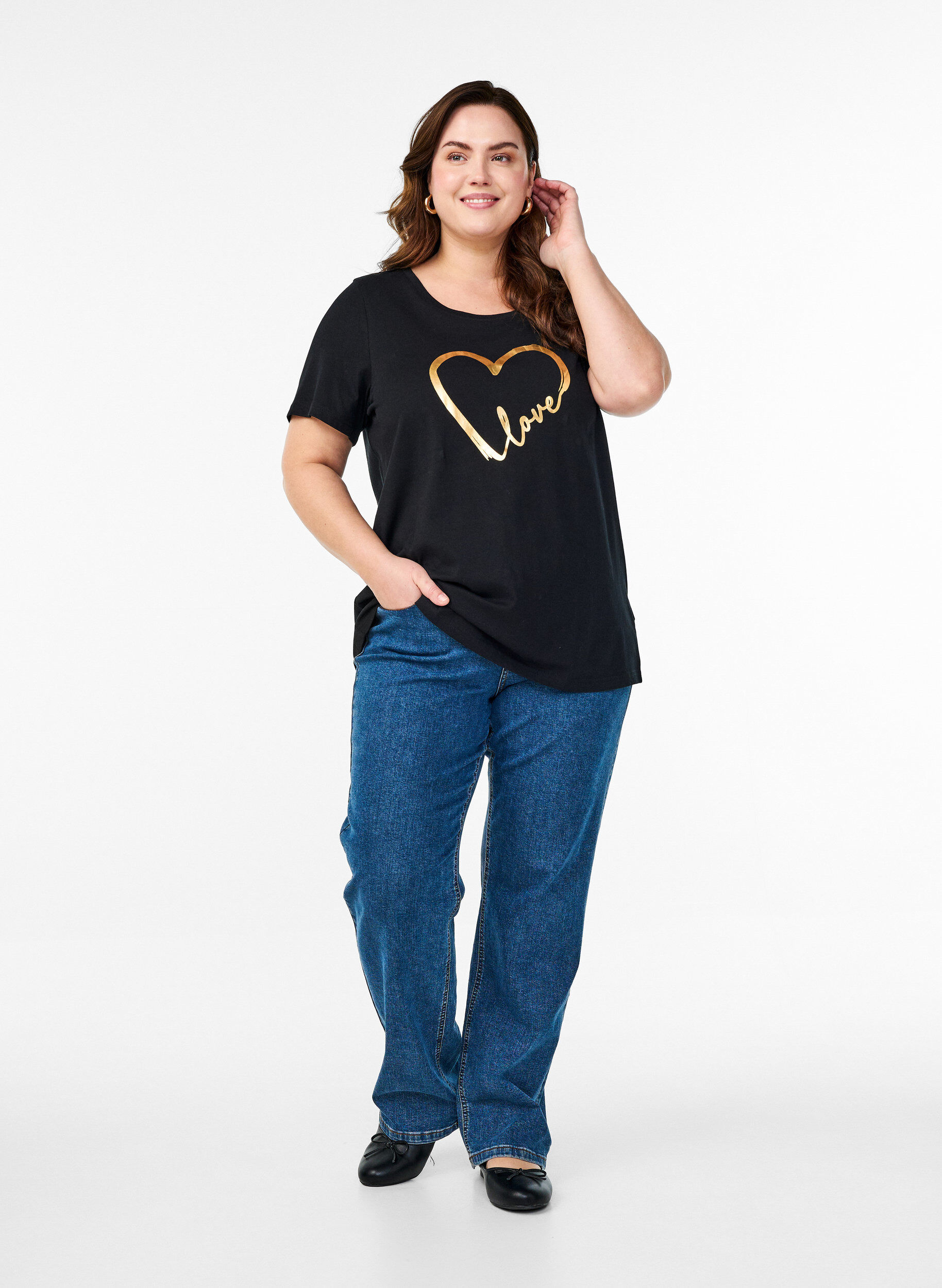Zizzi Katoenen T-shirt met motief, Black w. Gold Love, Model image number 2
