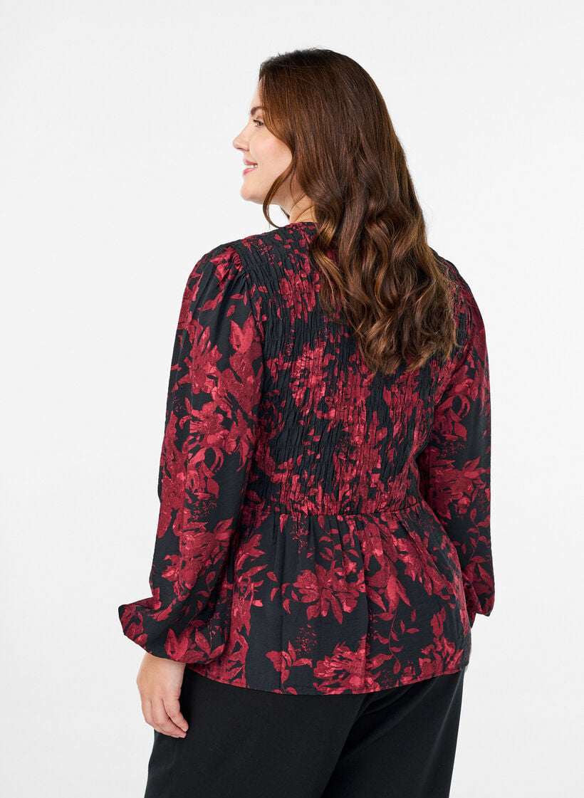 Blouse met smock en lange mouwen, Zwart, Model image number 2