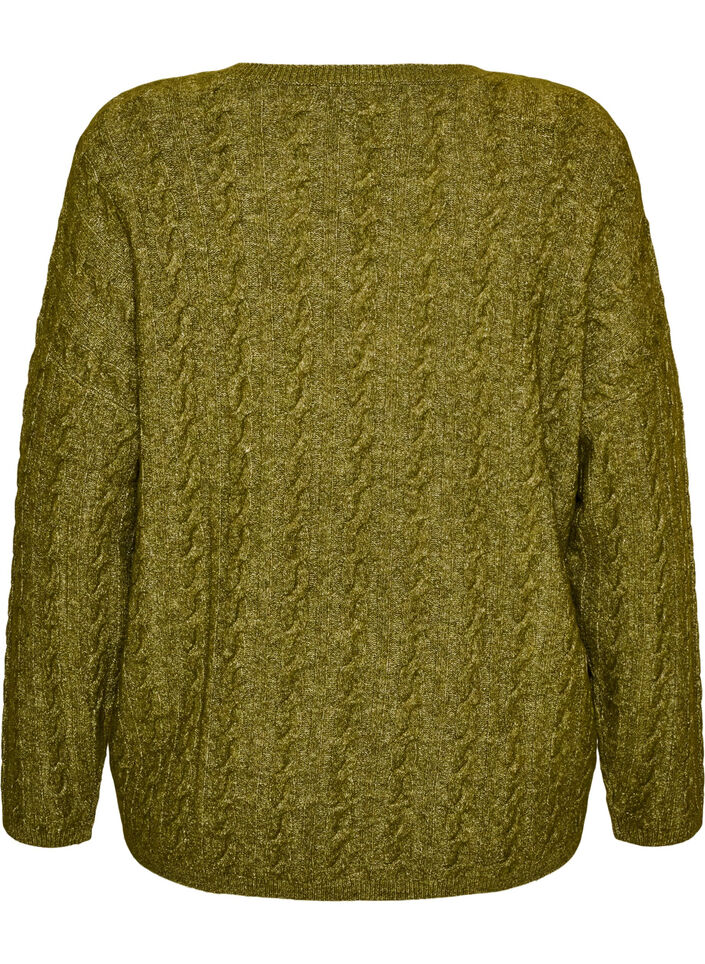 Gebreide blouse met kabelpatroon en V-hals, Groen, Packshot image number 1