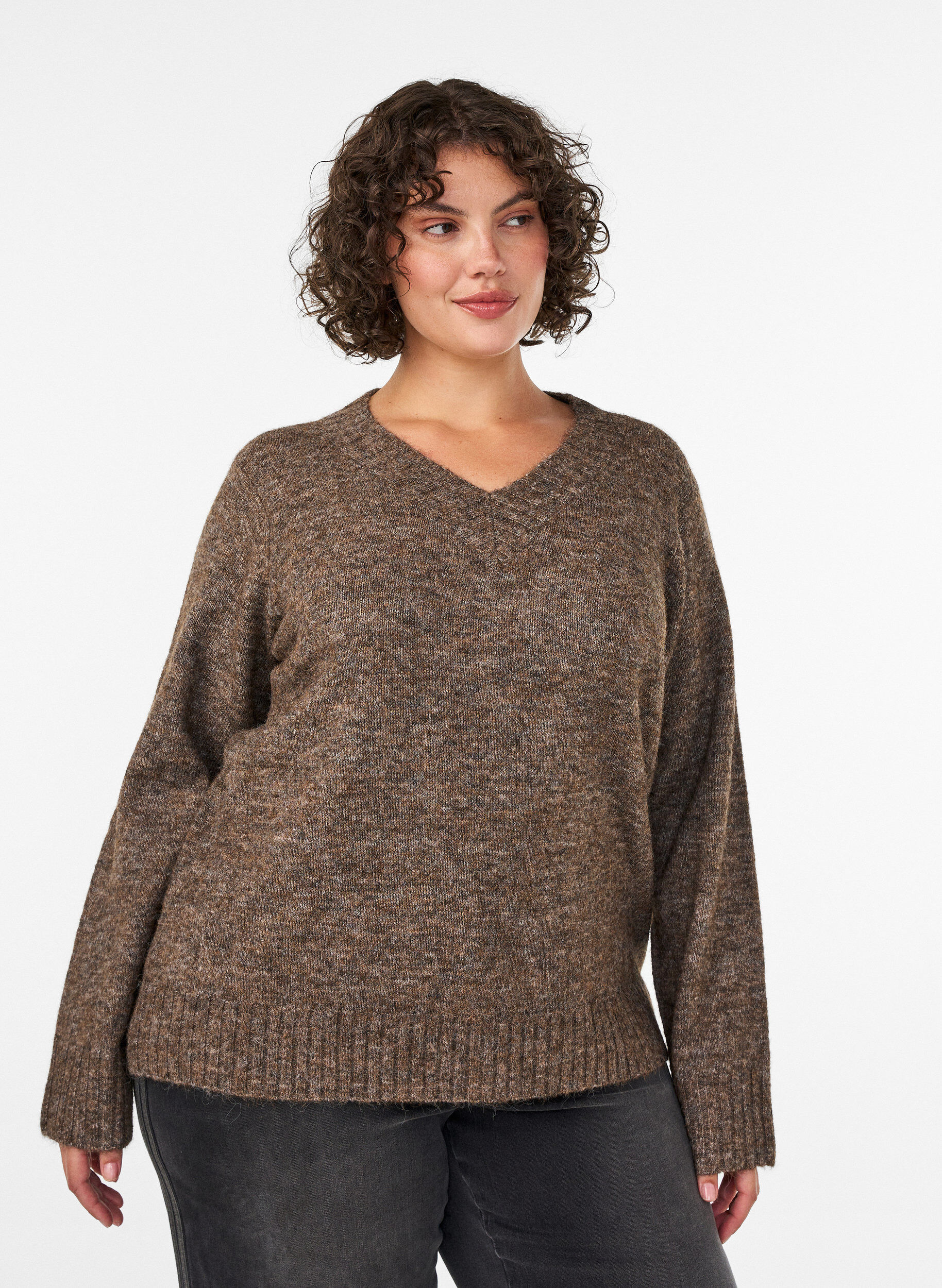 Jumper met V-hals, Bruin, Model