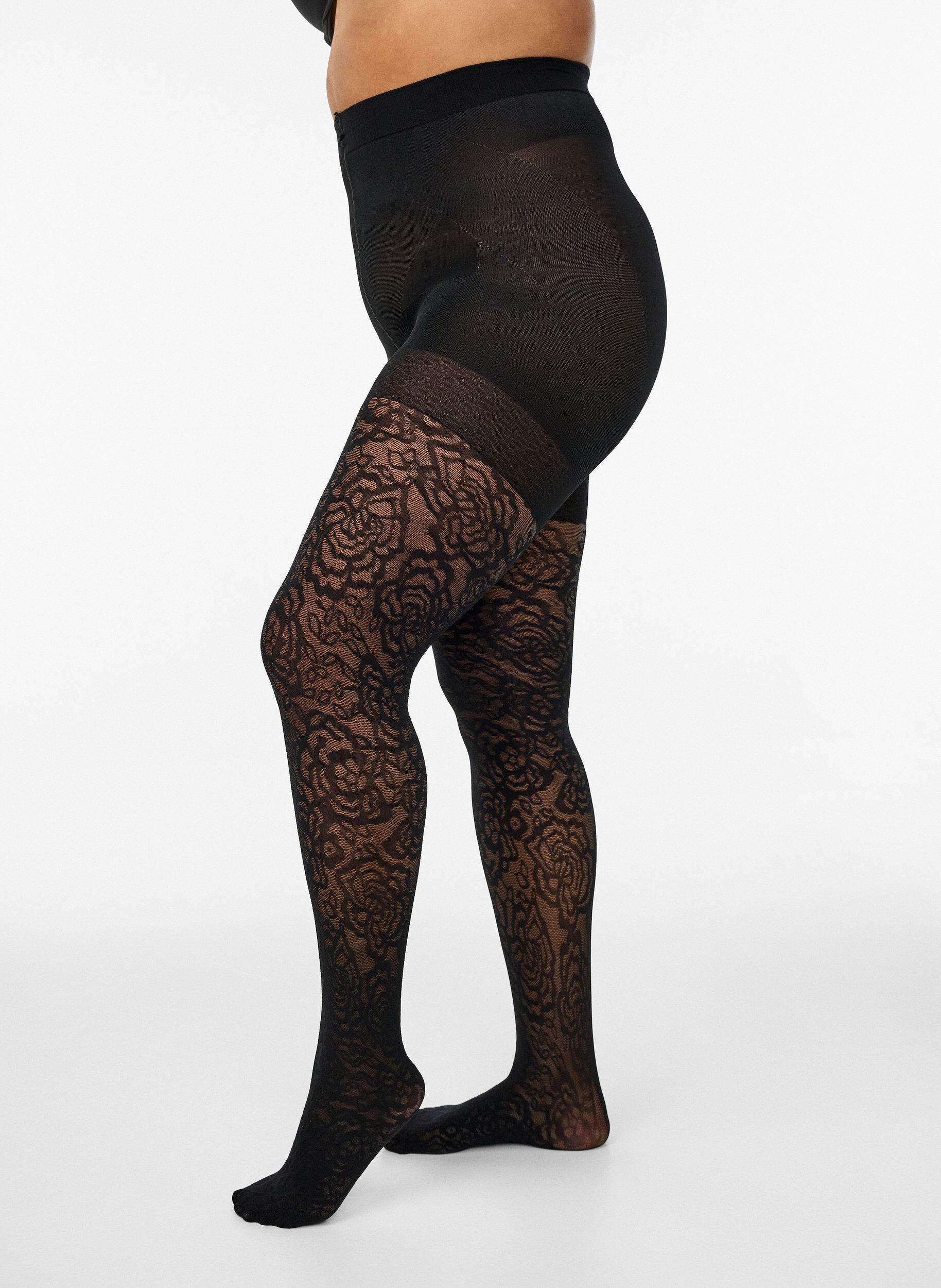 Zizzi 70 denier push-up panties met rozenpatroon, Zwart, Model image number 0