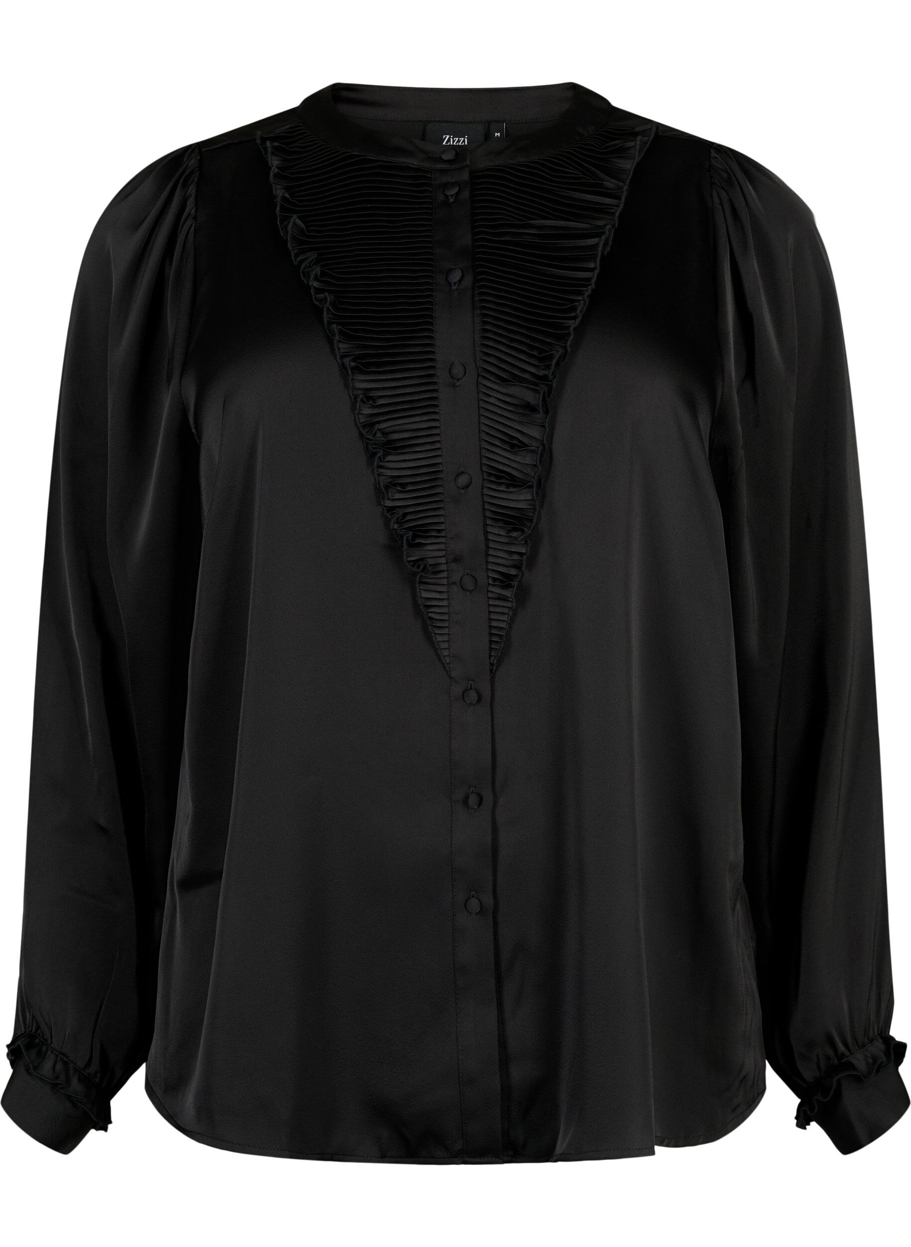 Zizzi Satijnen overhemd blouse met ruches, Black, Packshot image number 0