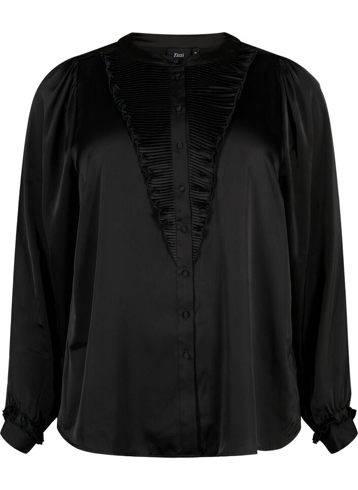 Satijnen overhemd blouse met ruches, Black, Packshot image number 0