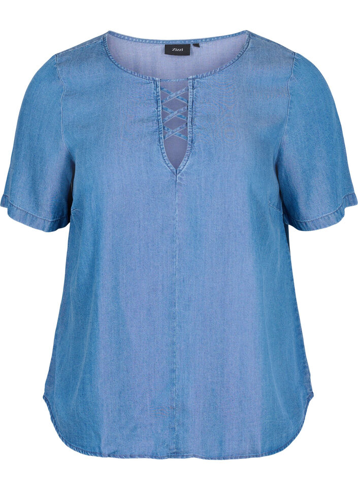 Blouse met korte mouwen van lyocell (TENCEL™), Blue denim, Packshot image number 0