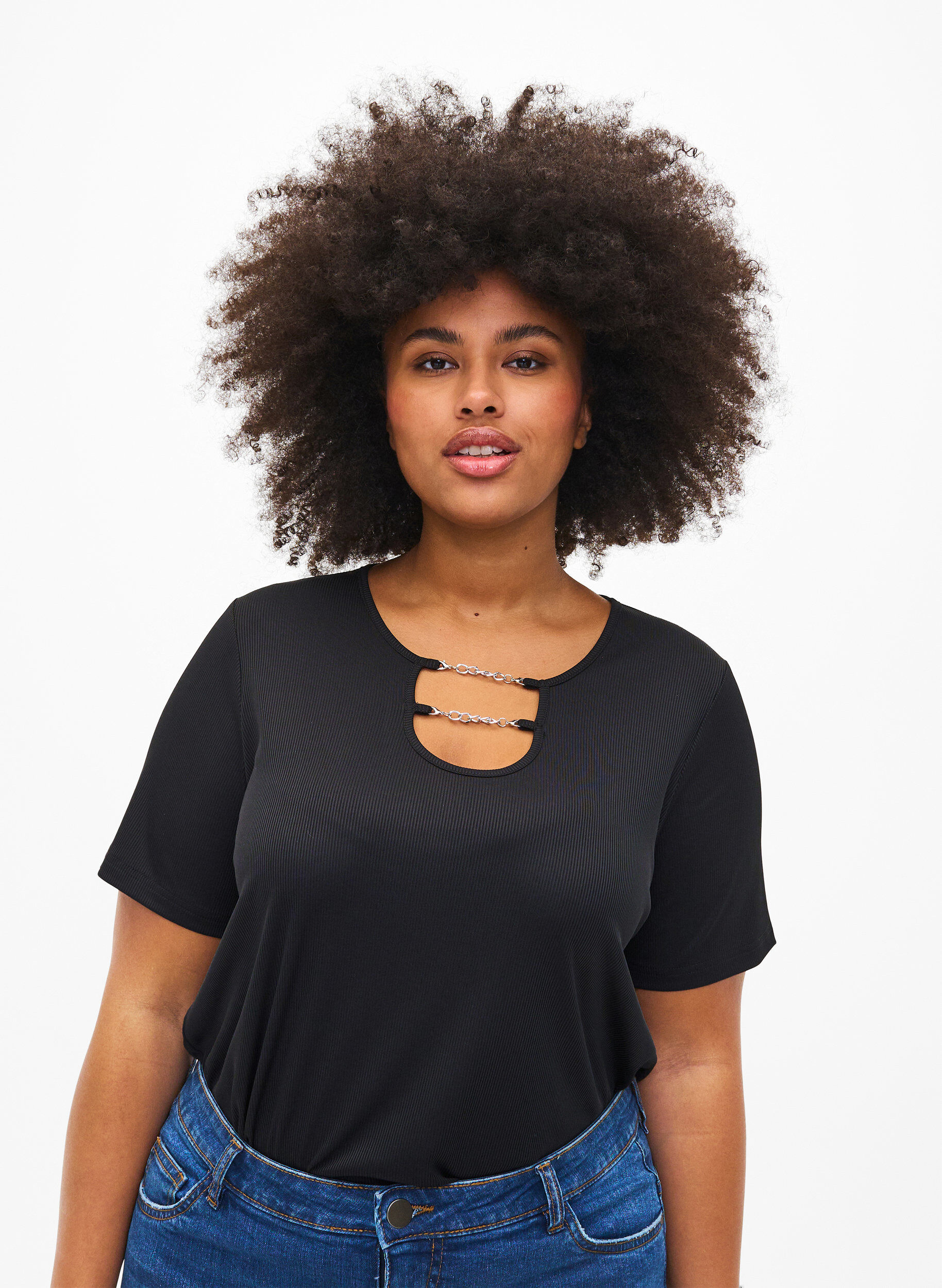 Zizzi Geribde blouse met ketting detail, Black, Model image number 0