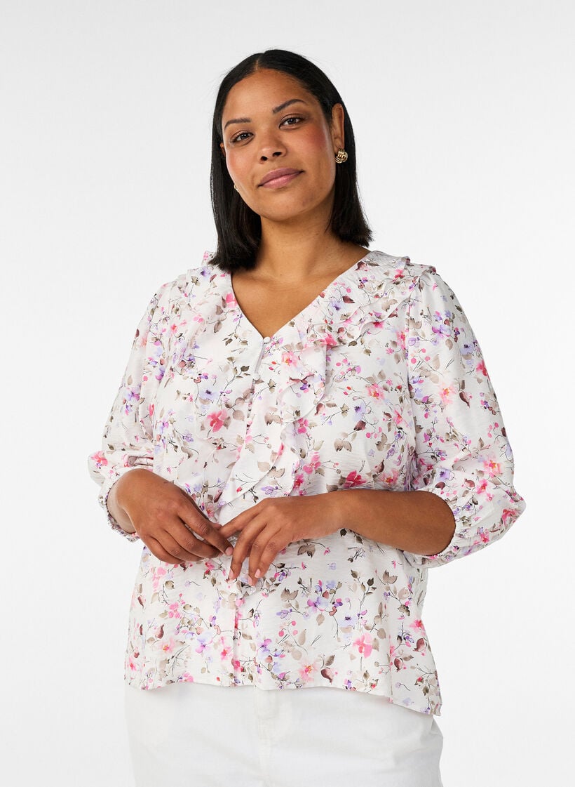 Viscose blouse met bloemenprint en 3/4 mouwen, Vanille, Model image number 0