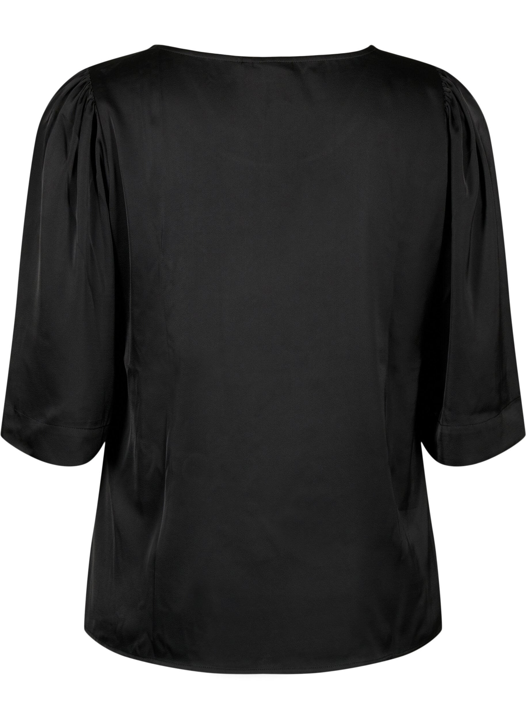 Zizzi Satijnen blouse met halflange mouwen, Black, Packshot image number 1
