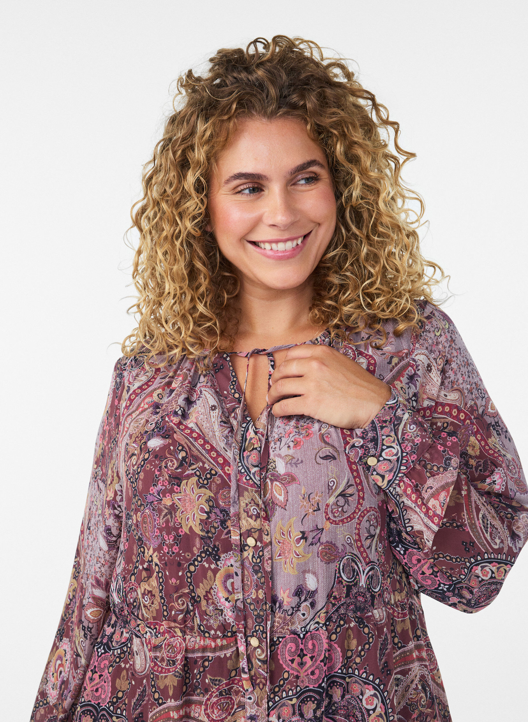 ZizziMidi-jurk met paisleyprint en elastische taille, Paars, Model image number 2