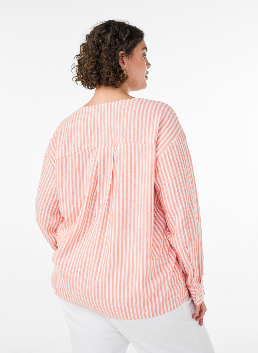 Blouse in linnen en viscose met V-hals, Oranje, Model image number 2