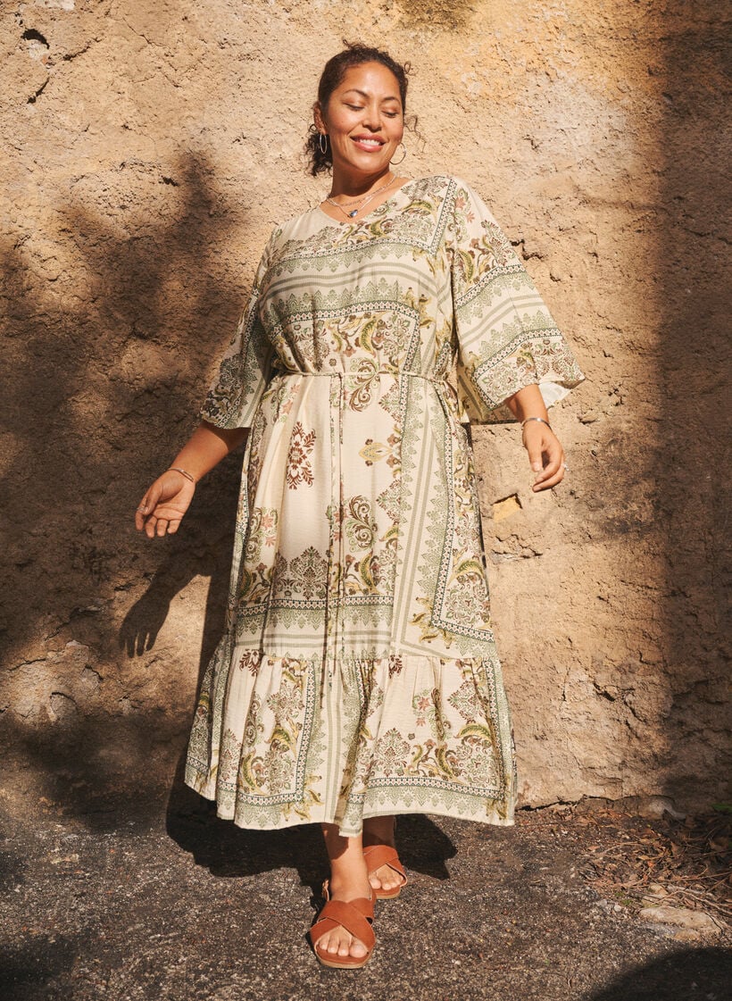 Gedessineerde midi jurk in viscose met strikceintuur, Groen, Image image number 0