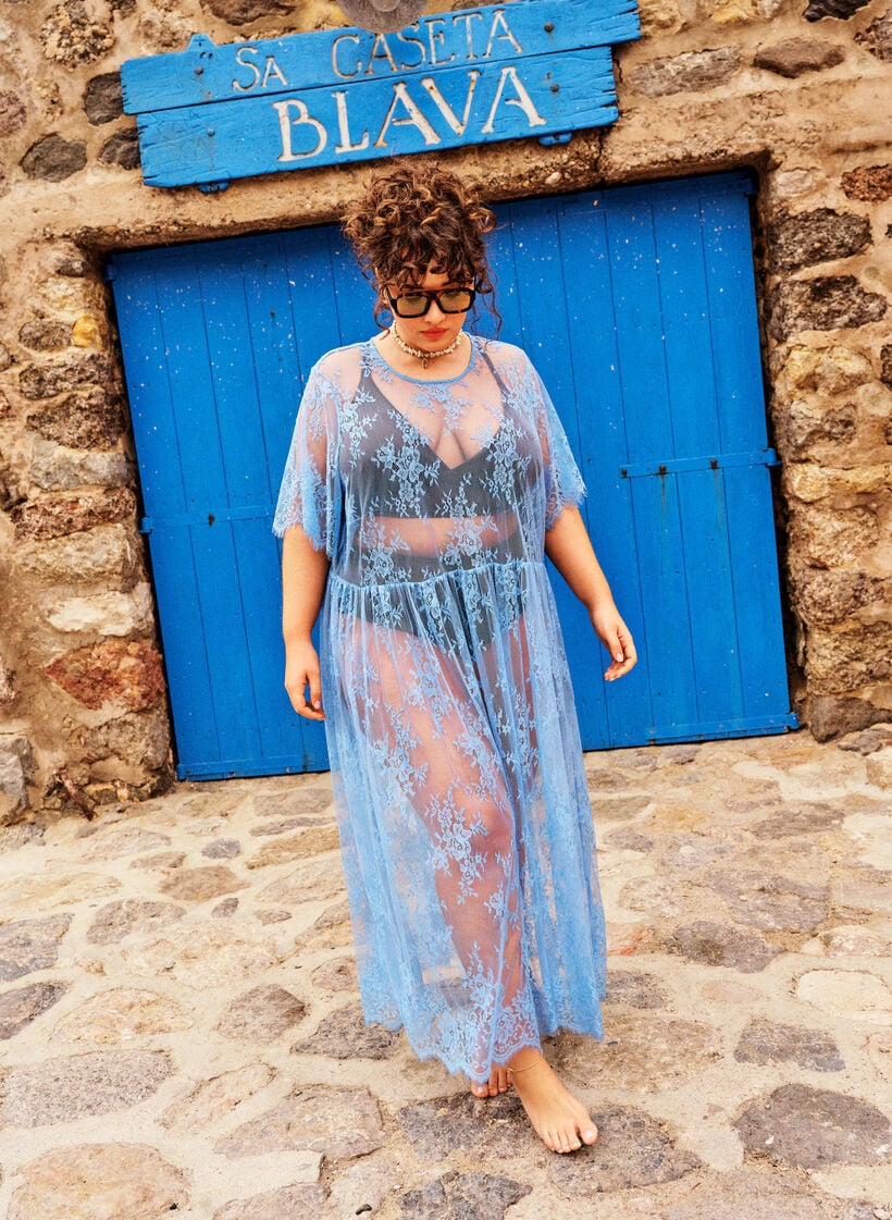 Kanten midi jurk met korte mouwen van doorschijnende kant, Paars, Image image number 0