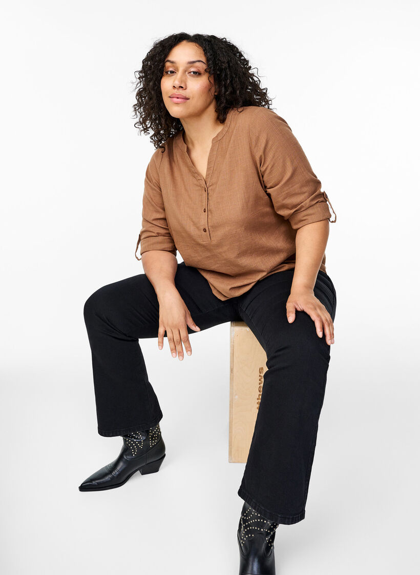 Katoenen overhemdblouse met V-hals, Coca Mocha, Image image number 0