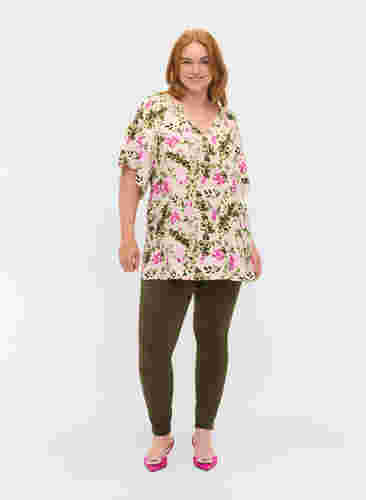 Viscose blouse met korte mouwen, Green Pink AOP, Model image number 2
