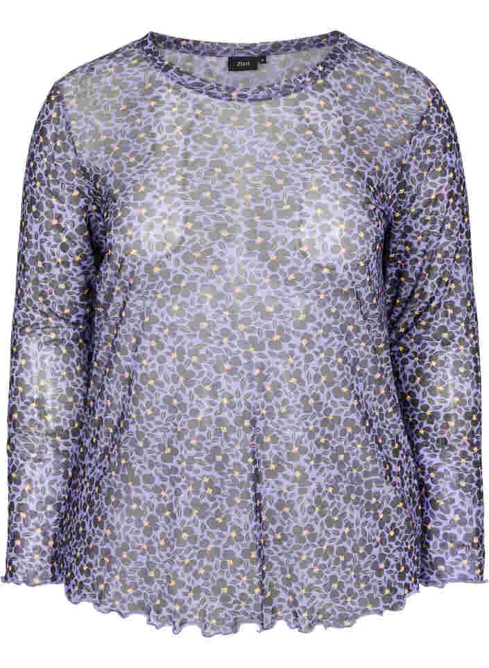 Nauwsluitende mesh top met bloemenprint, Purple AOP, Packshot image number 0