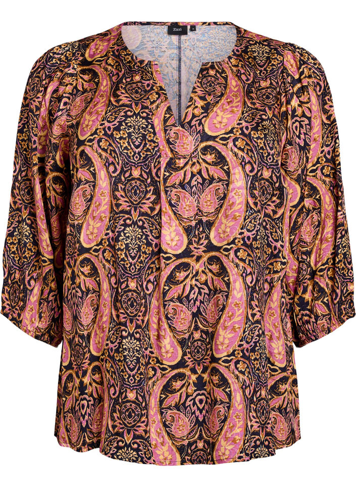 Blouse met paisley print en 3/4 mouwen, Blauw, Packshot image number 0