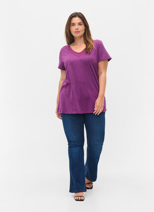 T-shirt met korte mouwen, v-hals en mesh, Gloxinia, Model image number 2