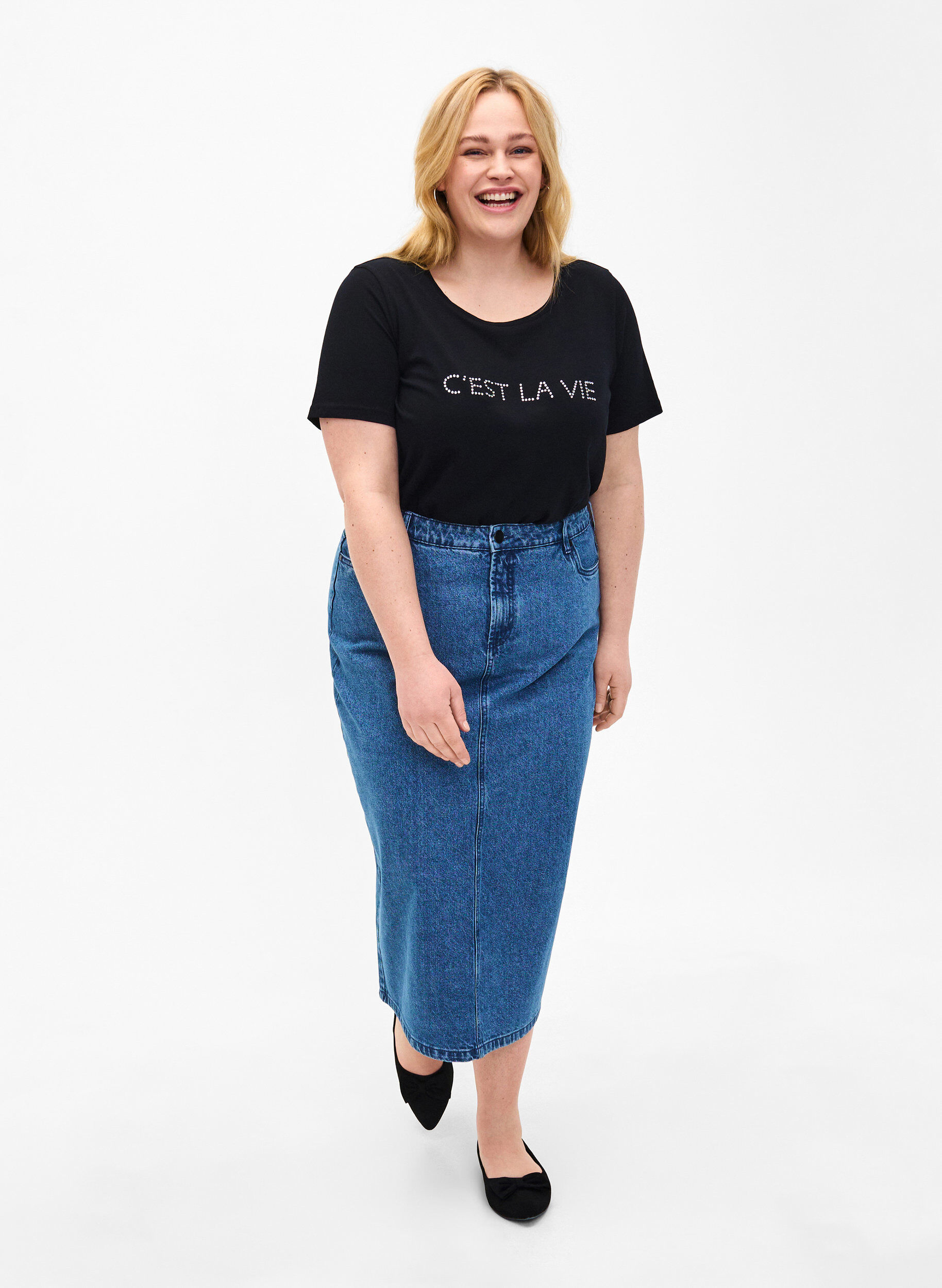 Zizzi T-shirt met stras, Black W. Rhinestones, Model image number 2