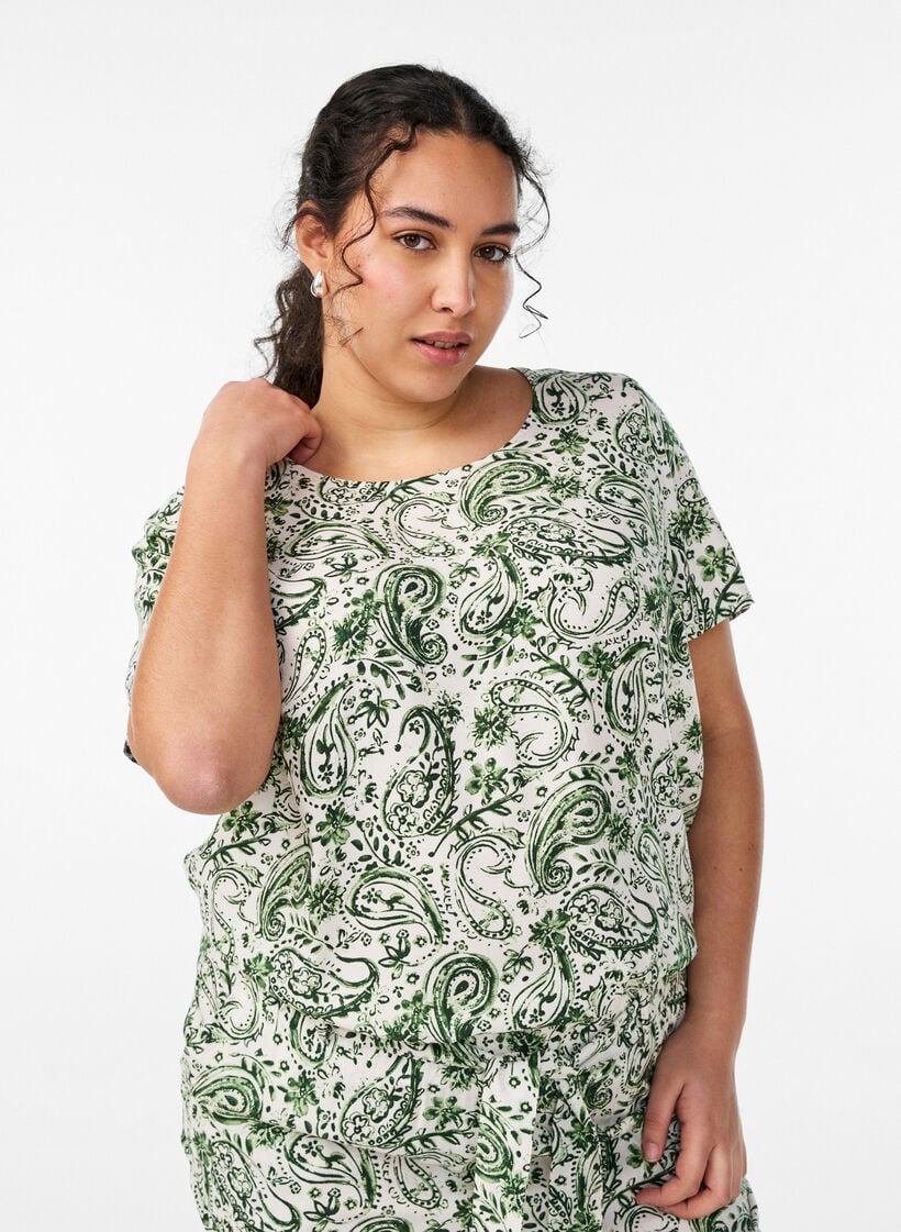 Viscose blouse met korte mouwen en print, Groen, Model image number 0