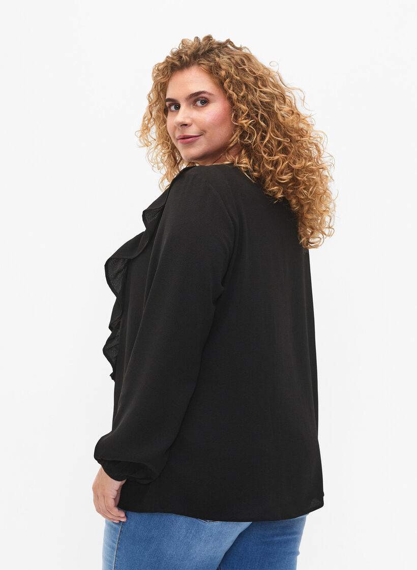 Blouse met lange mouwen en ruches, Black, Model image number 1