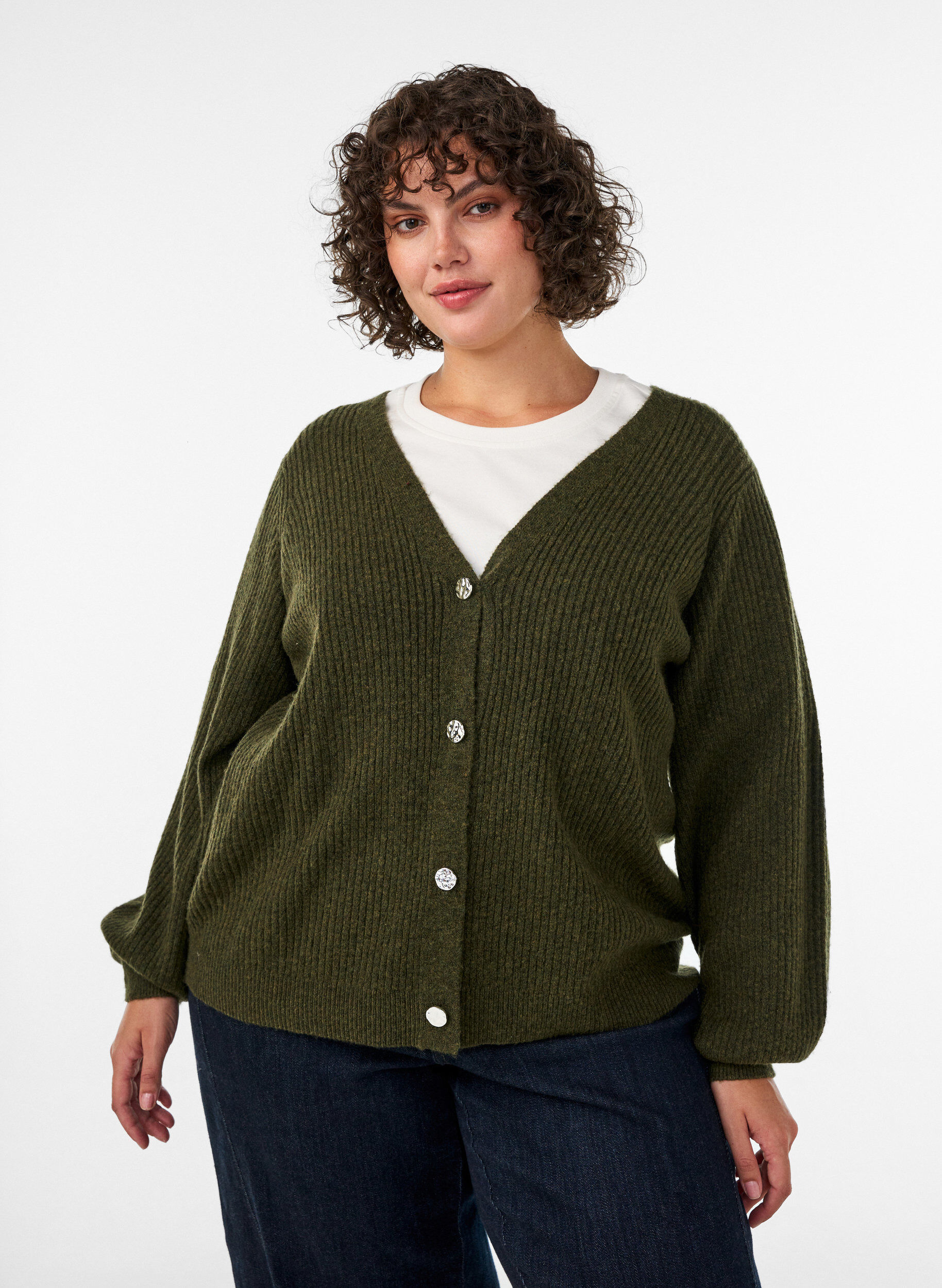 ZizziVest met V-hals en ribstructuur, Groen, Model image number 0