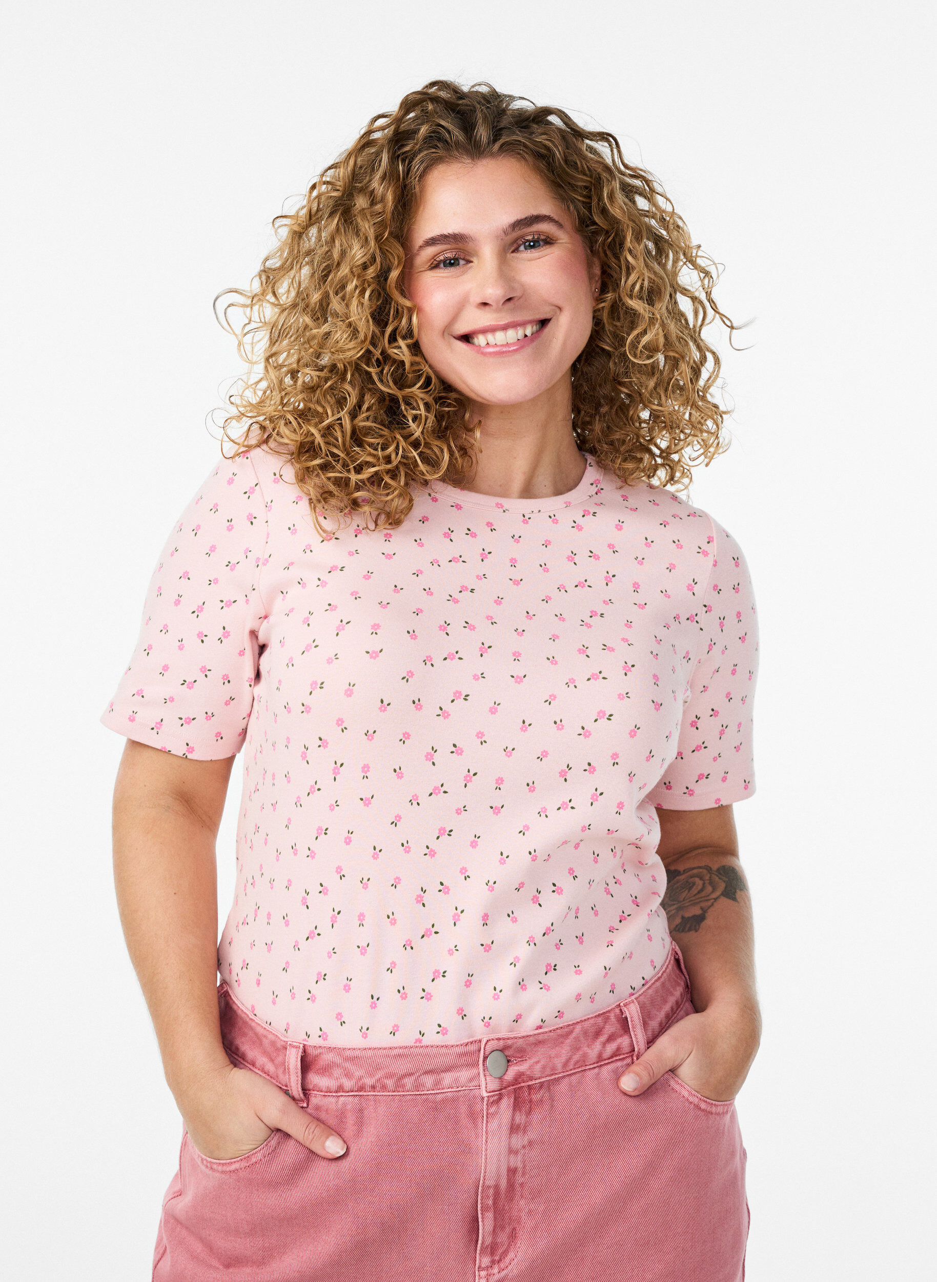Zizzi Katoenen T-shirt met all-over print, Roze, Model image number 0