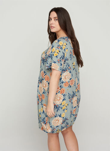 Viscose jurk met print en korte mouwen , Light Blue Flower, Model image number 1