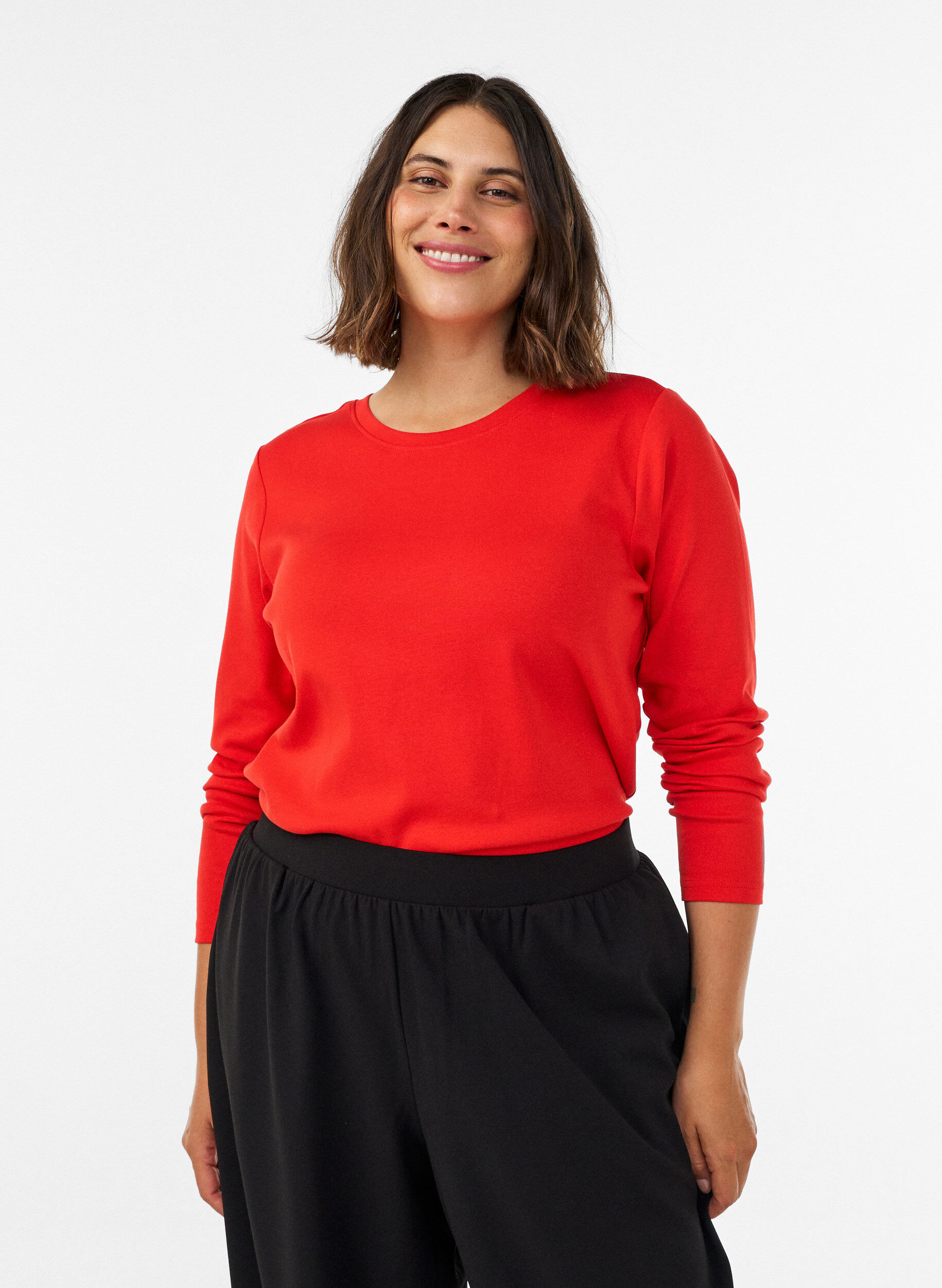 ZizziBasic T-shirt met lange mouwen en ronde hals, Rood, Model image number 0