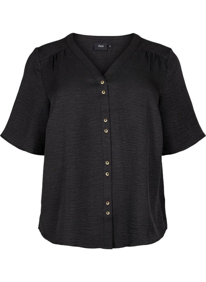 Overhemd blouse met V-hals en korte mouwen, Zwart, Packshot image number 0