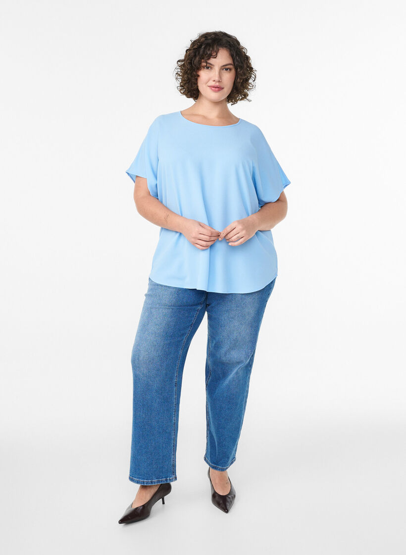 Blouse met korte mouwen en een ronde halslijn, Blauw, Model image number 1