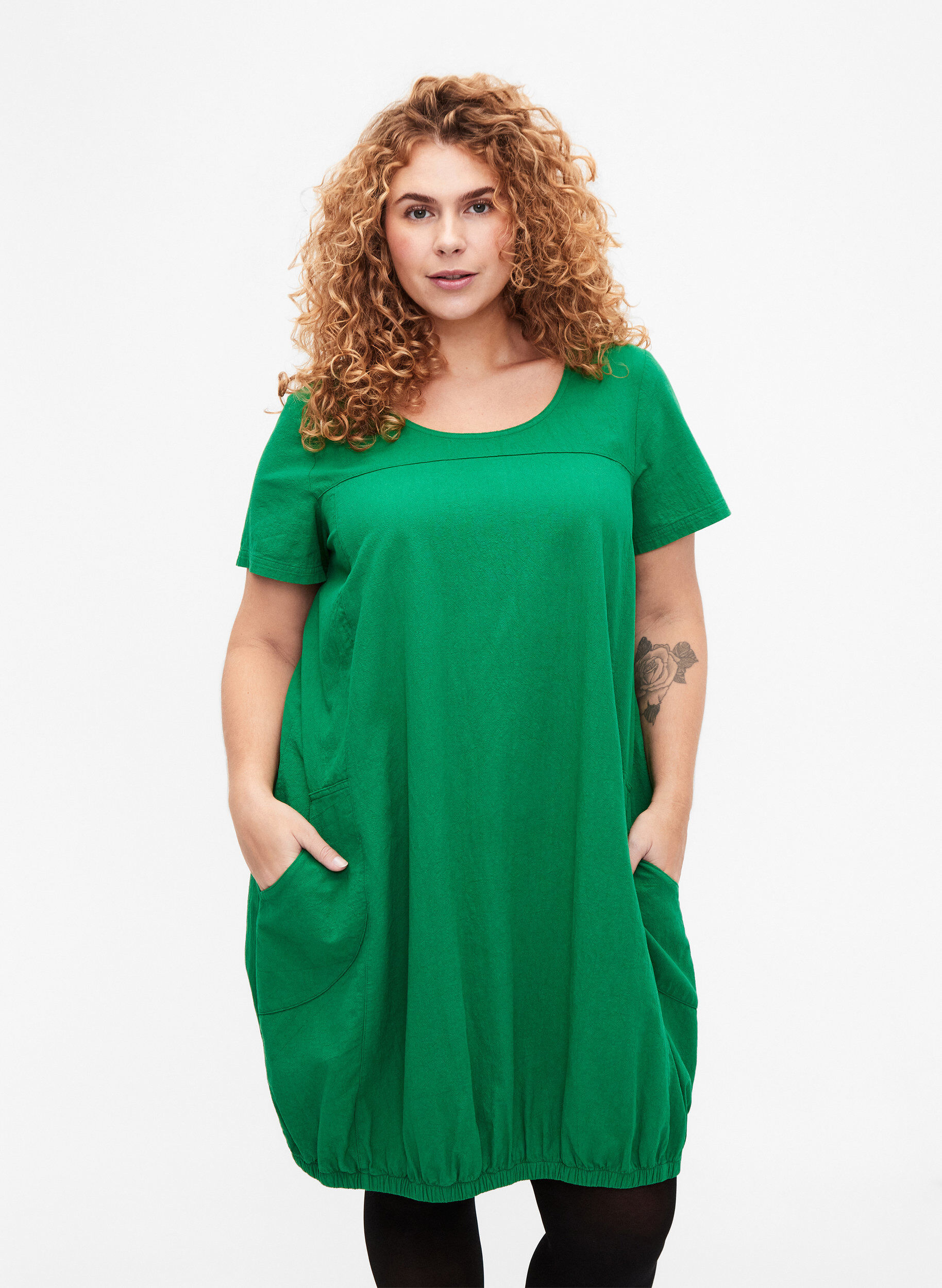 Zizzi Jurk van katoen met korte mouwen, Groen, Model image number 0