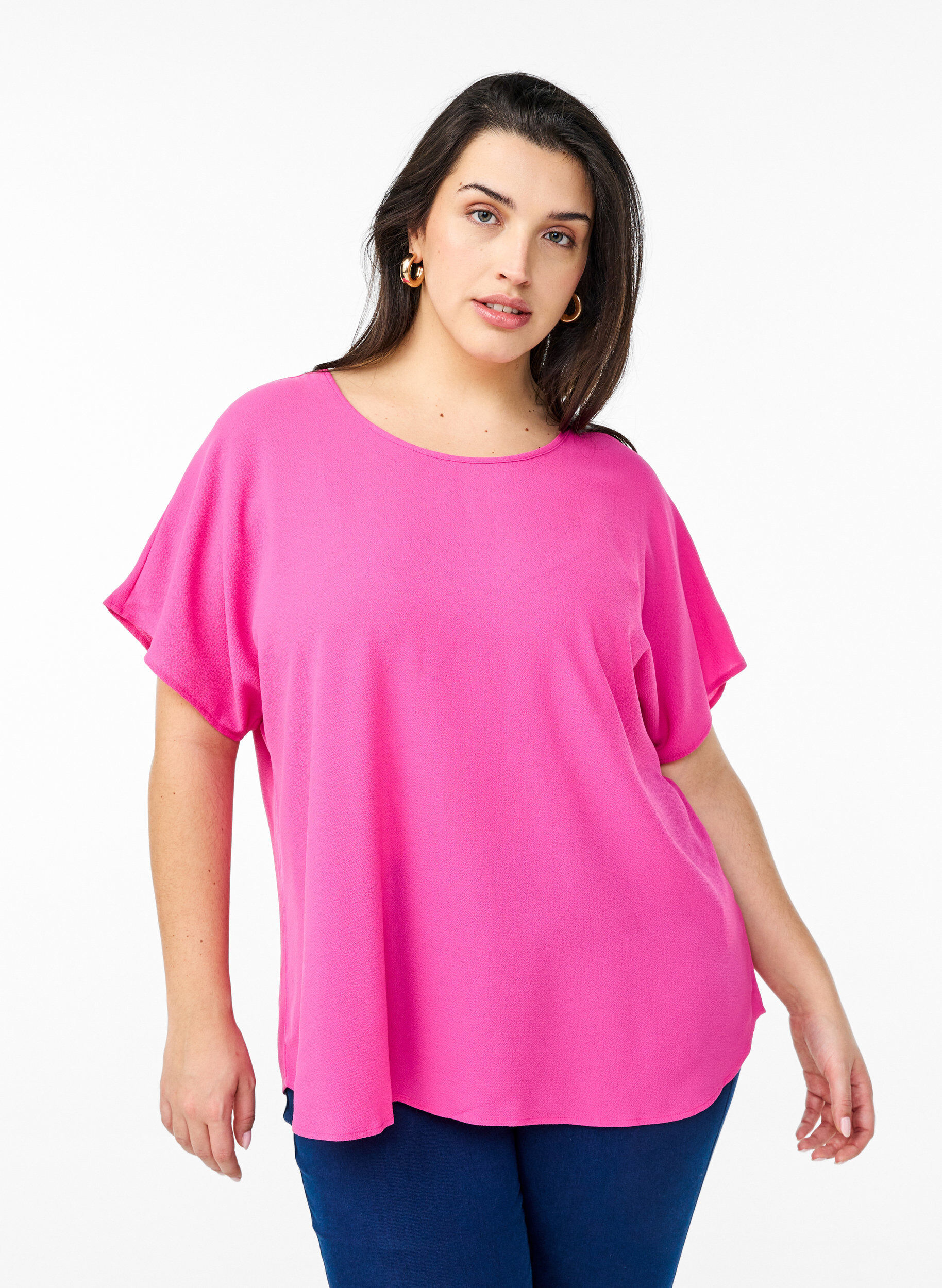 Zizzi Blouse met korte mouwen en een ronde halslijn, Roze, Model image number 0