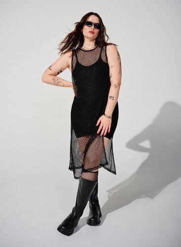 Mouwloze jurk van mesh met split, Black, Image image number 0