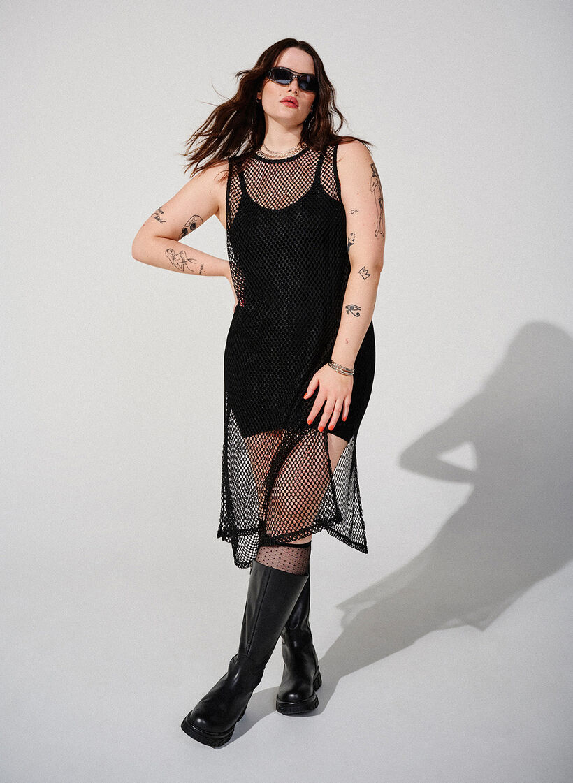 Mouwloze jurk van mesh met split, Black, Image