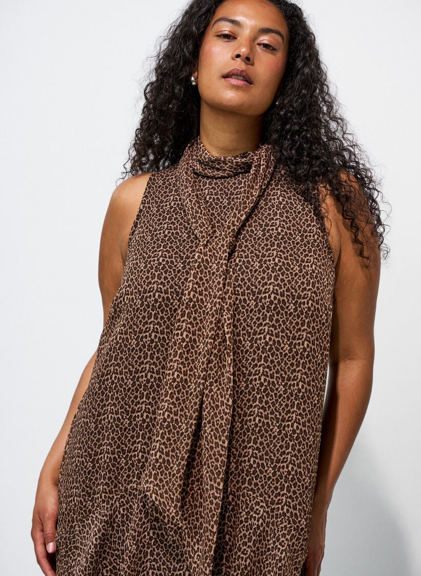 Midi jurk in chiffon met luipaardprint en een strik in de taille, Bruin, Model image number 2
