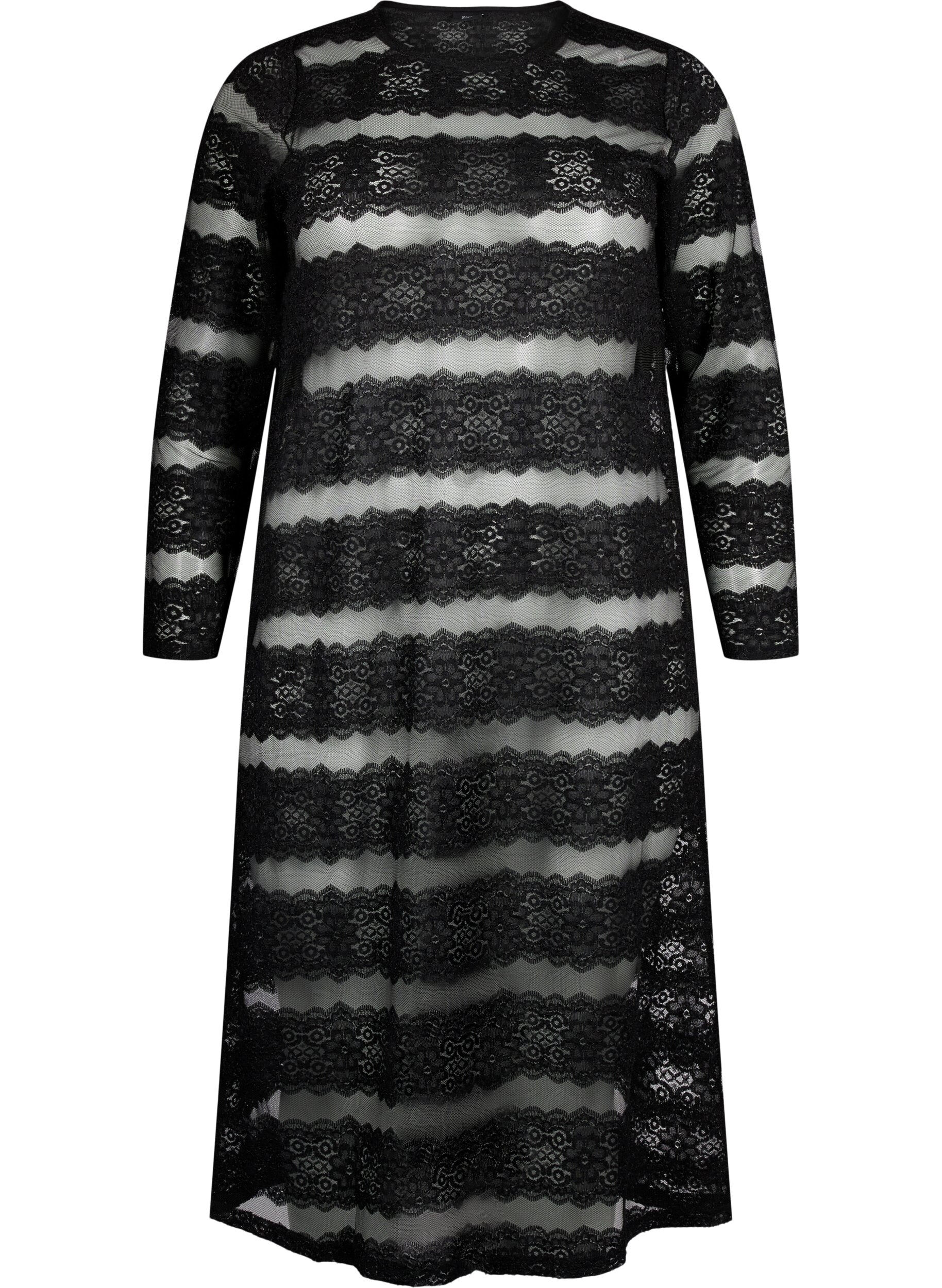 Zizzi Midi-jurk met kant en doorschijnend mesh, Black, Packshot image number 0