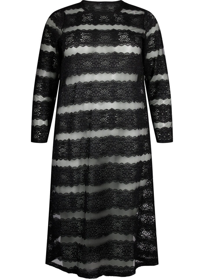 Midi-jurk met kant en doorschijnend mesh, Black, Packshot image number 0