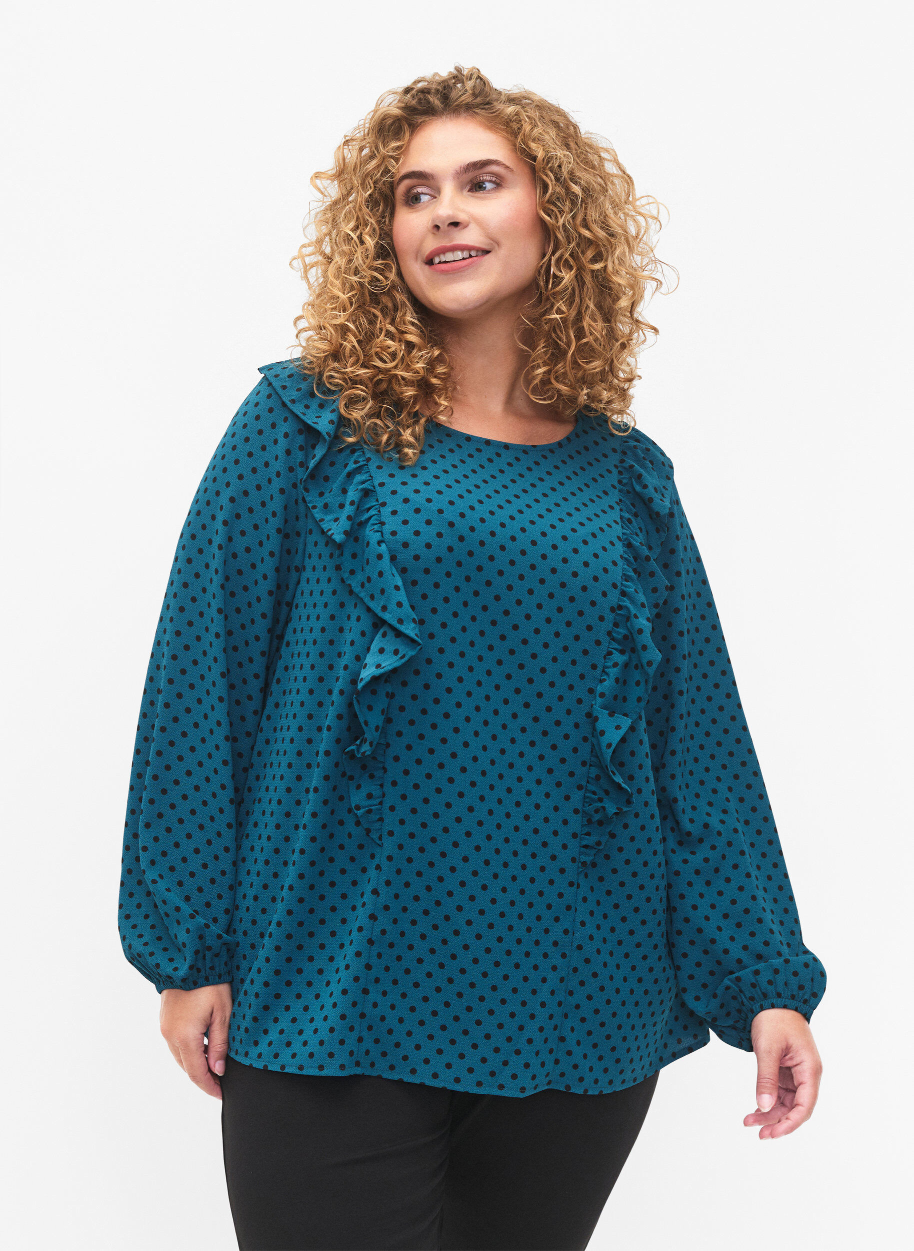 Zizzi Blouse met lange mouwen en ruches, Shaded Spruce Dot, Model image number 0