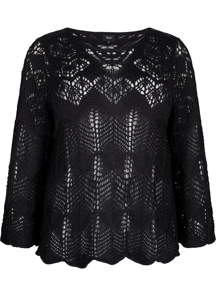 Gebreide blouse met kantpatroon, Black, Packshot image number 0