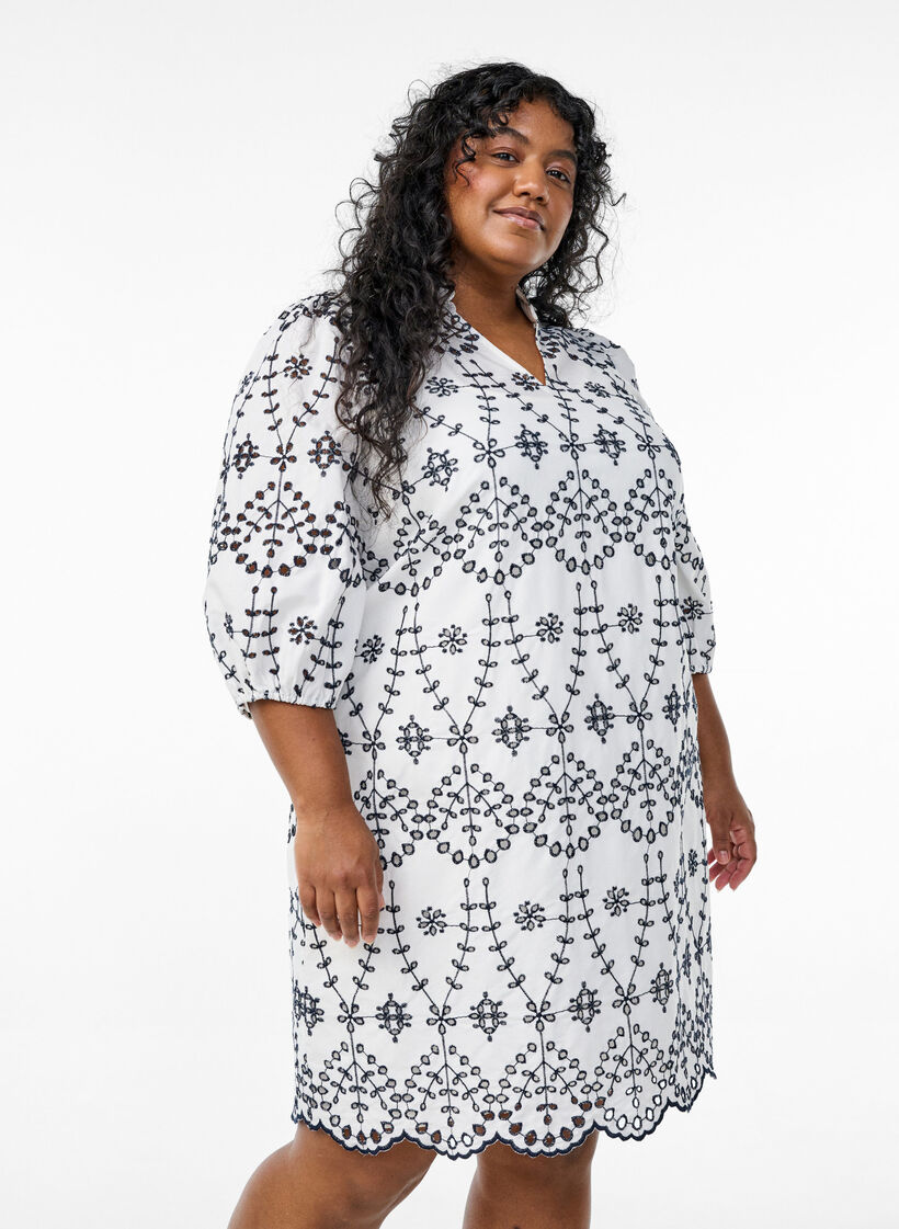Jurk met contrasterende broderie anglaise, White w. Navy Blazer, Model image number 0