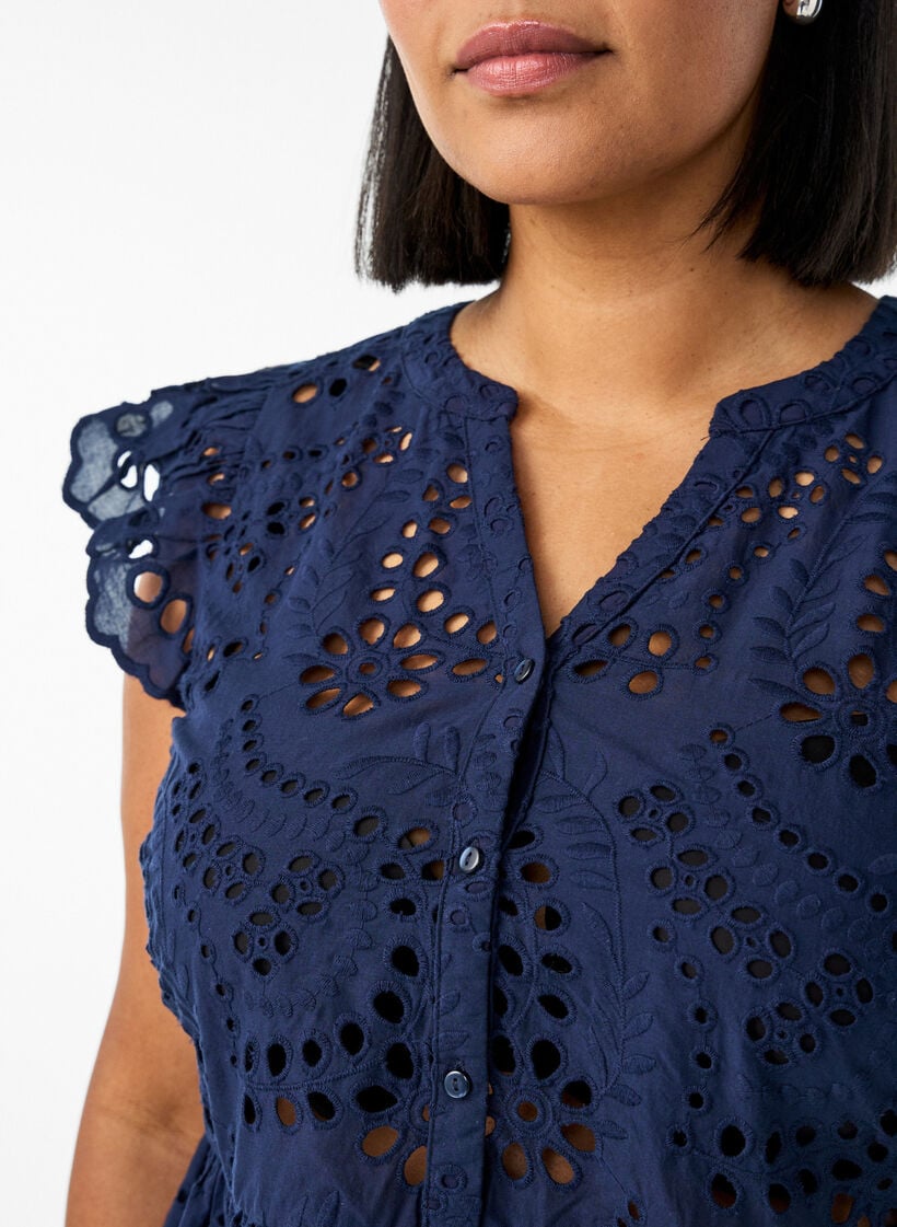 Mouwloze blouse met broderie anglaise en ruches, Blauw, Model image number 3