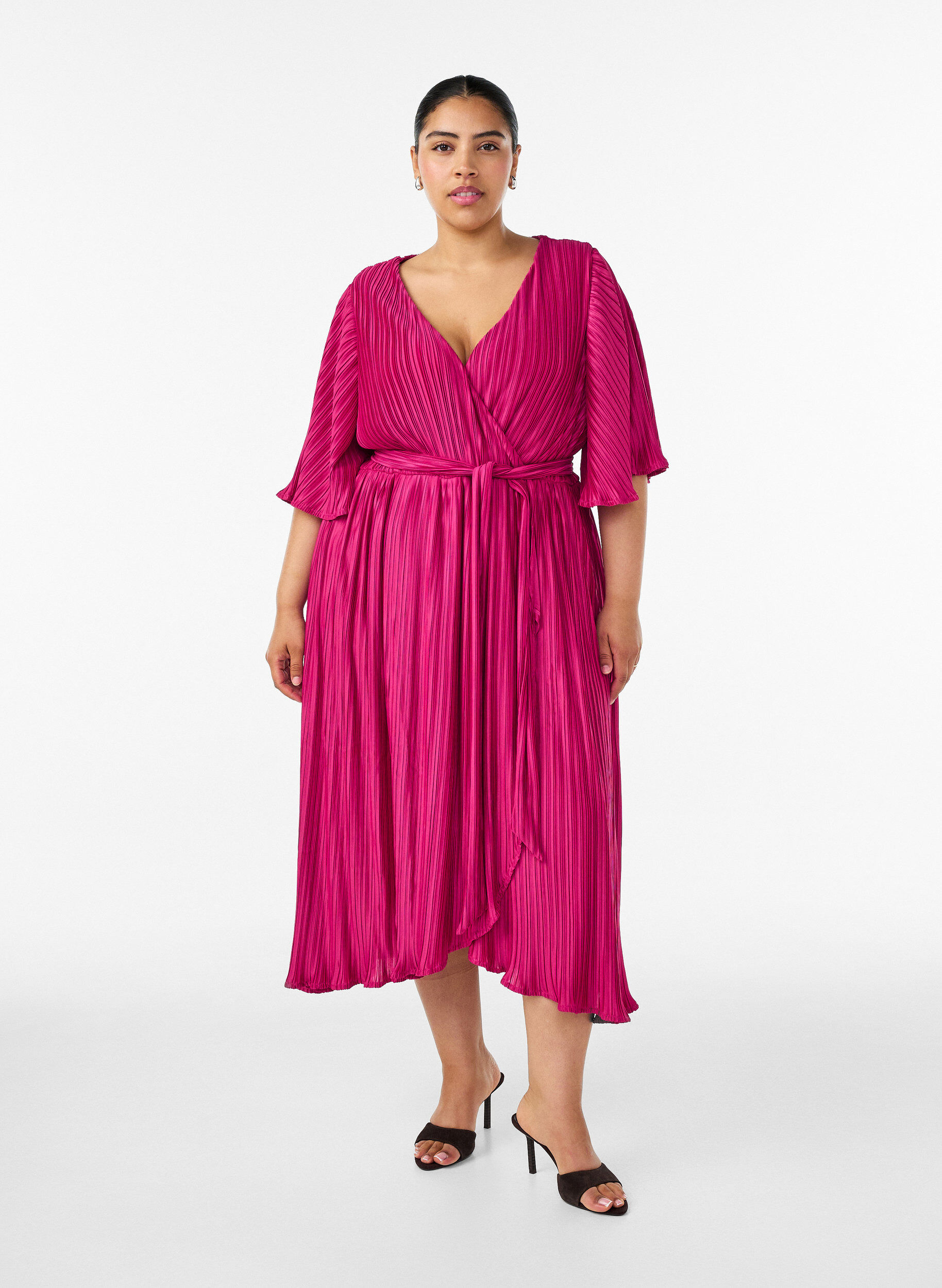 ZizziGeplooide midi-jurk met vleermuismouwen, Roze, Model image number 0