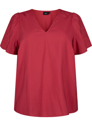 Viscose blouse met korte mouwen en borduursel, Tango Red, Packshot image number 0
