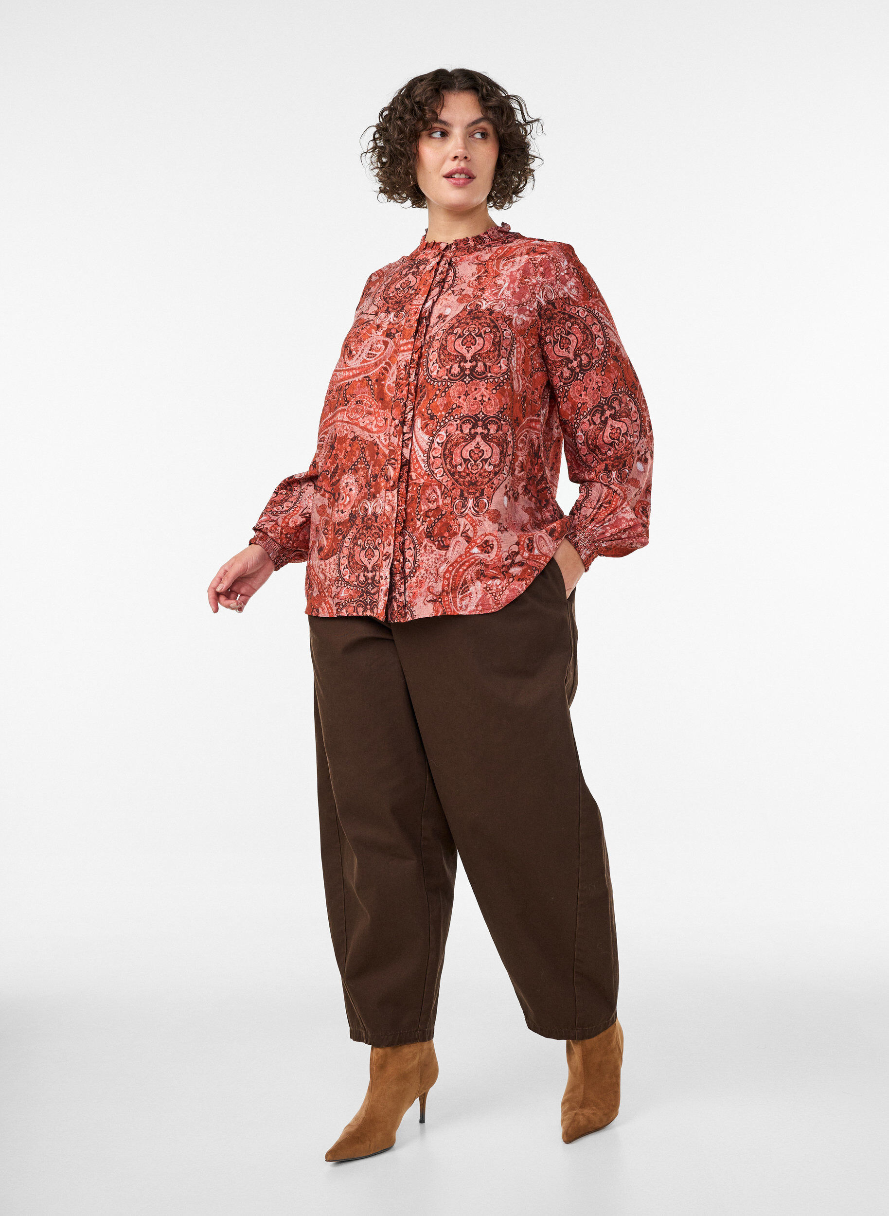 ZizziViscose blouse met paisleyprint en ruches, Oranje, Model image number 1